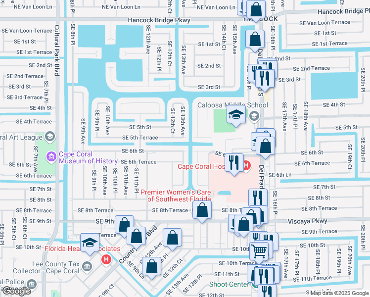 map of restaurants, bars, coffee shops, grocery stores, and more near 1331 Southeast 6th Street in Cape Coral