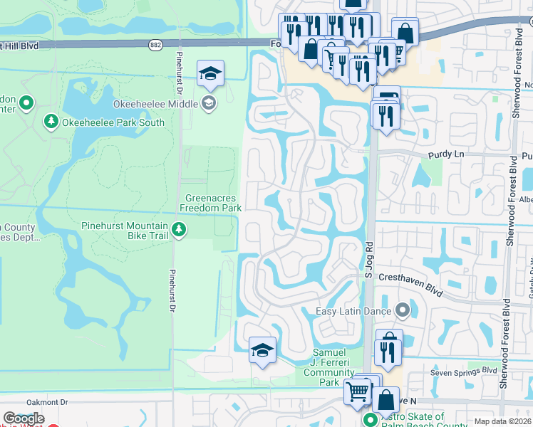 map of restaurants, bars, coffee shops, grocery stores, and more near 328 Hammocks Trail in Greenacres