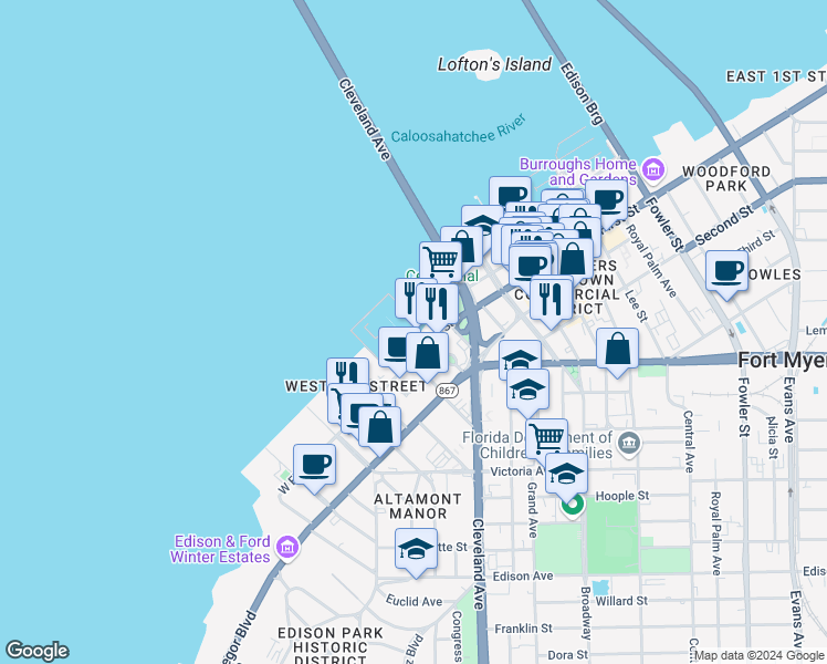 map of restaurants, bars, coffee shops, grocery stores, and more near 2024 West First Street in Fort Myers