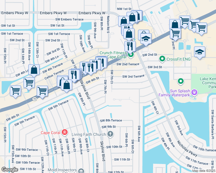 map of restaurants, bars, coffee shops, grocery stores, and more near 715 Southwest 5th Street in Cape Coral
