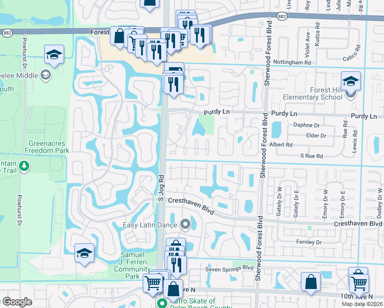 map of restaurants, bars, coffee shops, grocery stores, and more near 215 Foxtail Drive in Greenacres