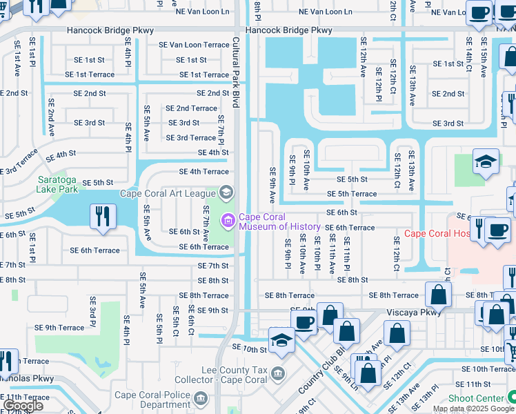 map of restaurants, bars, coffee shops, grocery stores, and more near 529 Southeast 8th Place in Cape Coral