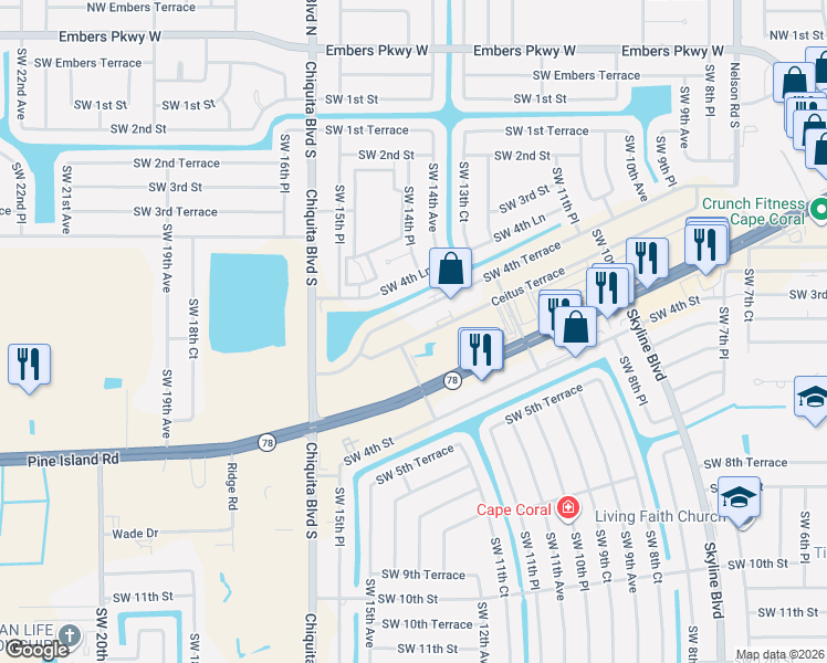 map of restaurants, bars, coffee shops, grocery stores, and more near 1439 Ceitus Terrace in Cape Coral