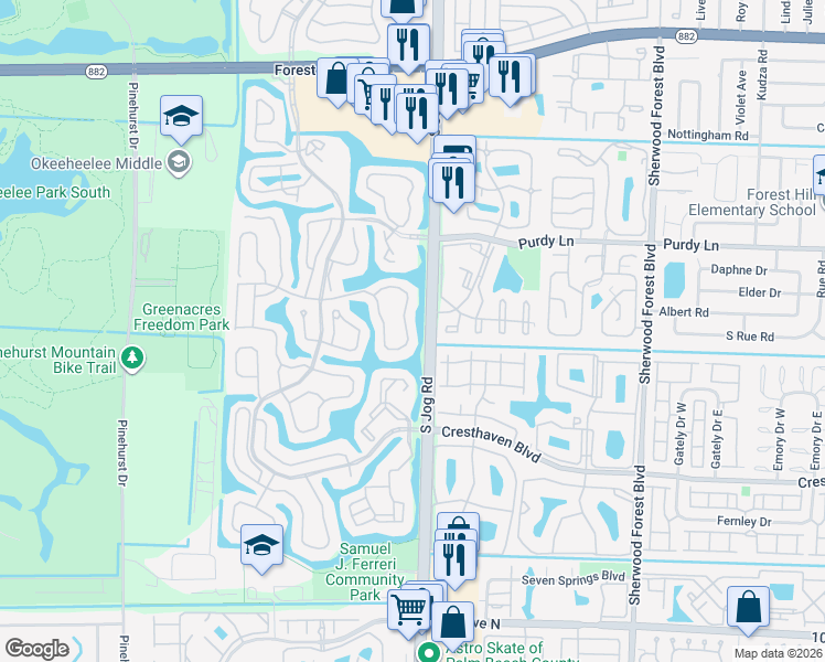 map of restaurants, bars, coffee shops, grocery stores, and more near 125 Harbor Lake Circle in Greenacres