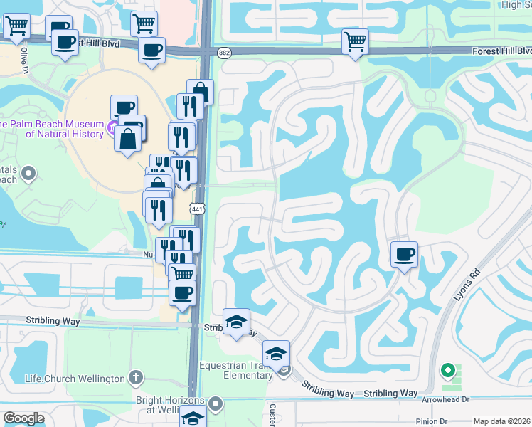 map of restaurants, bars, coffee shops, grocery stores, and more near 2630 Sawyer Terrace in Wellington
