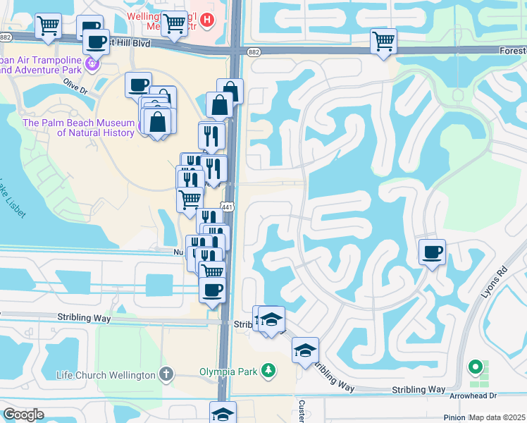 map of restaurants, bars, coffee shops, grocery stores, and more near 9793 Scribner Lane in Wellington