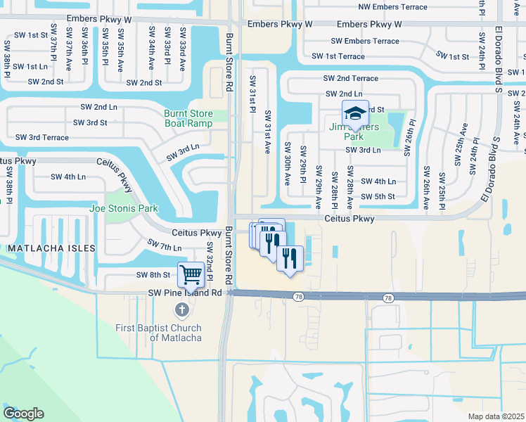 map of restaurants, bars, coffee shops, grocery stores, and more near 3103 Ceitus Parkway in Cape Coral
