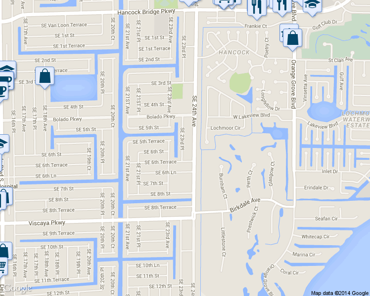 map of restaurants, bars, coffee shops, grocery stores, and more near 606 Southeast 23rd Place in Cape Coral