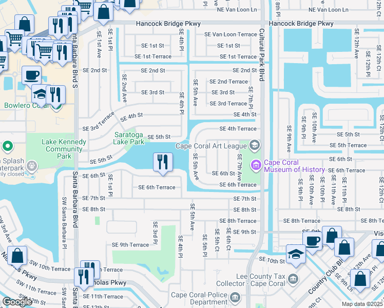 map of restaurants, bars, coffee shops, grocery stores, and more near 538 Southeast 5th Avenue in Cape Coral