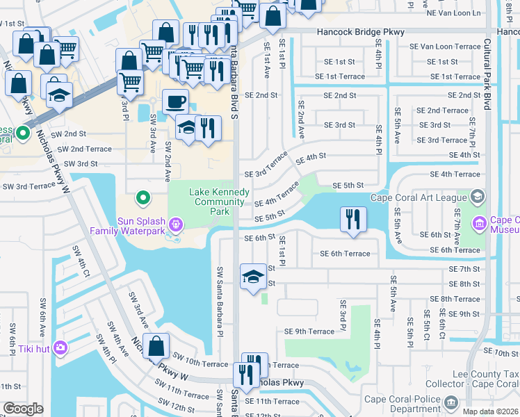 map of restaurants, bars, coffee shops, grocery stores, and more near 426 Southeast Santa Barbara Place in Cape Coral