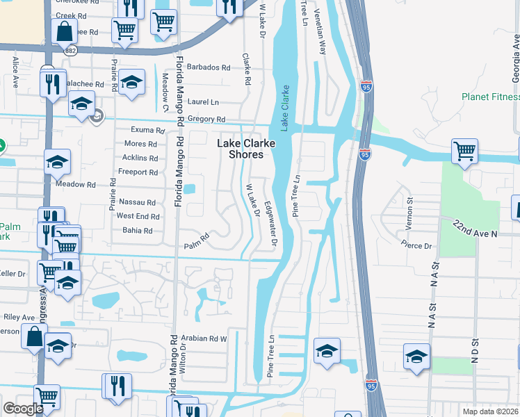 map of restaurants, bars, coffee shops, grocery stores, and more near 7730 West Lake Drive in West Palm Beach