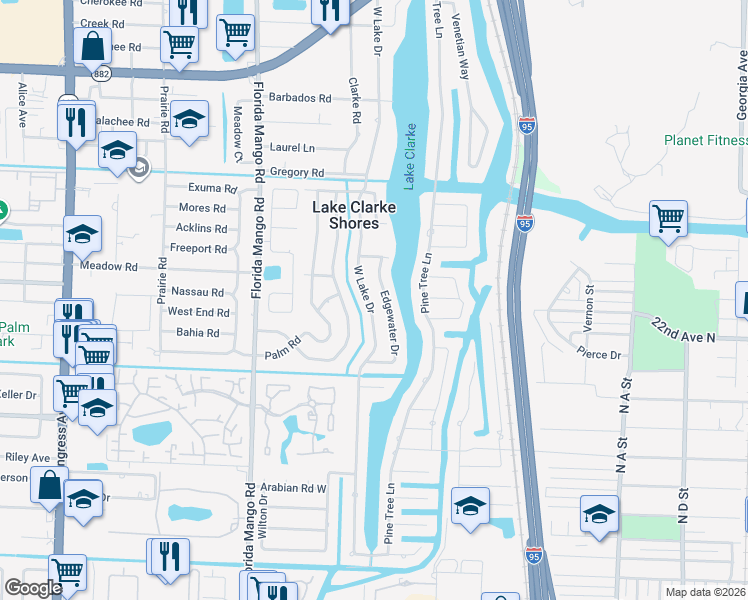 map of restaurants, bars, coffee shops, grocery stores, and more near 7730 West Lake Drive in West Palm Beach