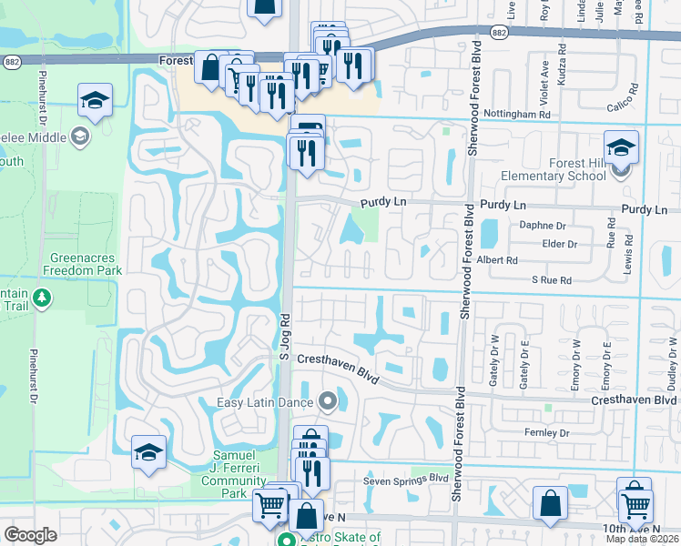 map of restaurants, bars, coffee shops, grocery stores, and more near 217 Foxtail Drive in Greenacres