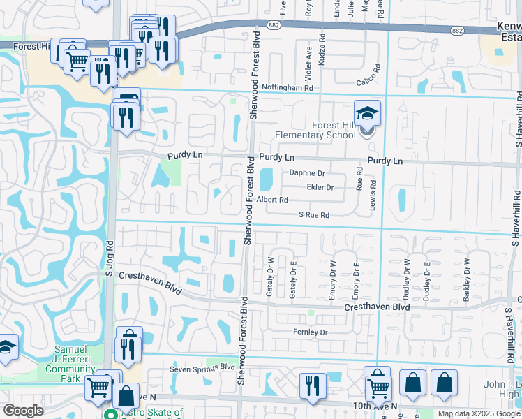 map of restaurants, bars, coffee shops, grocery stores, and more near 5920 South Rue Road in West Palm Beach