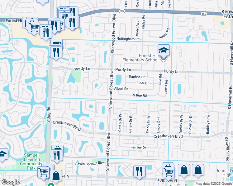 map of restaurants, bars, coffee shops, grocery stores, and more near 5940 South Rue Road in West Palm Beach