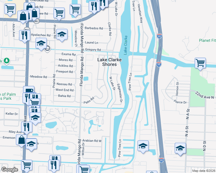 map of restaurants, bars, coffee shops, grocery stores, and more near 2298 Edgewater Drive in West Palm Beach