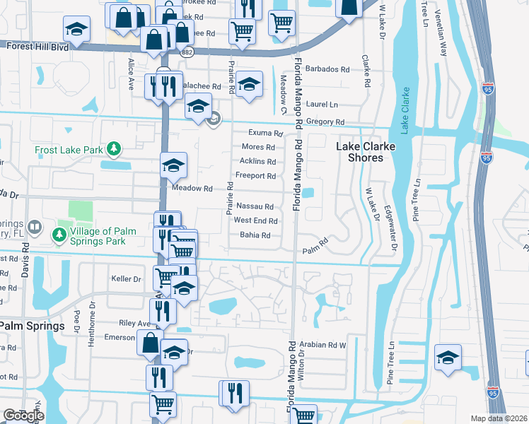 map of restaurants, bars, coffee shops, grocery stores, and more near 2622 West End Road in West Palm Beach