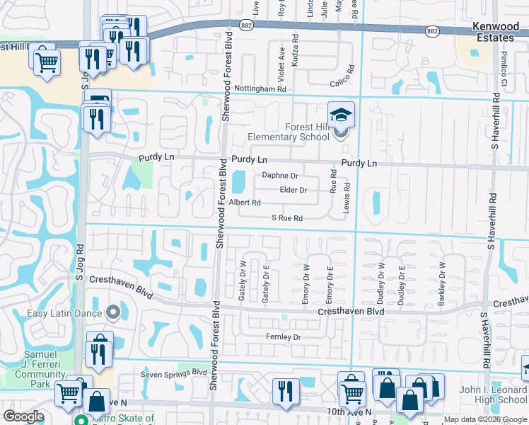 map of restaurants, bars, coffee shops, grocery stores, and more near 5828 South Rue Road in West Palm Beach