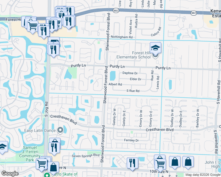 map of restaurants, bars, coffee shops, grocery stores, and more near 5920 South Rue Road in West Palm Beach