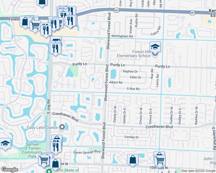 map of restaurants, bars, coffee shops, grocery stores, and more near 2462 Avenida Barcelona Este in West Palm Beach