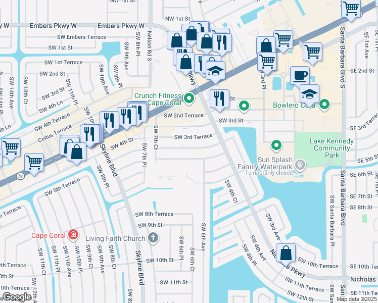map of restaurants, bars, coffee shops, grocery stores, and more near 622 Southwest 4th Street in Cape Coral