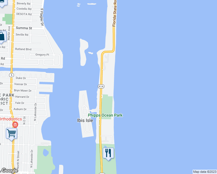 map of restaurants, bars, coffee shops, grocery stores, and more near 2100s South Ocean Boulevard in Palm Beach