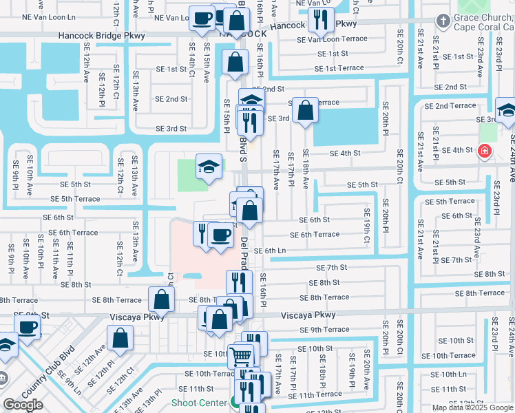 map of restaurants, bars, coffee shops, grocery stores, and more near 603 Del Prado Boulevard South in Cape Coral