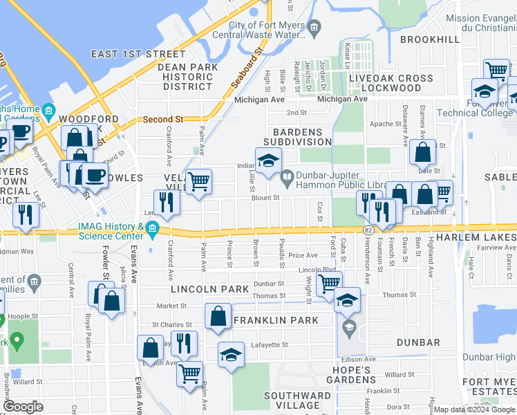 map of restaurants, bars, coffee shops, grocery stores, and more near 1919 Lillie Street in Fort Myers