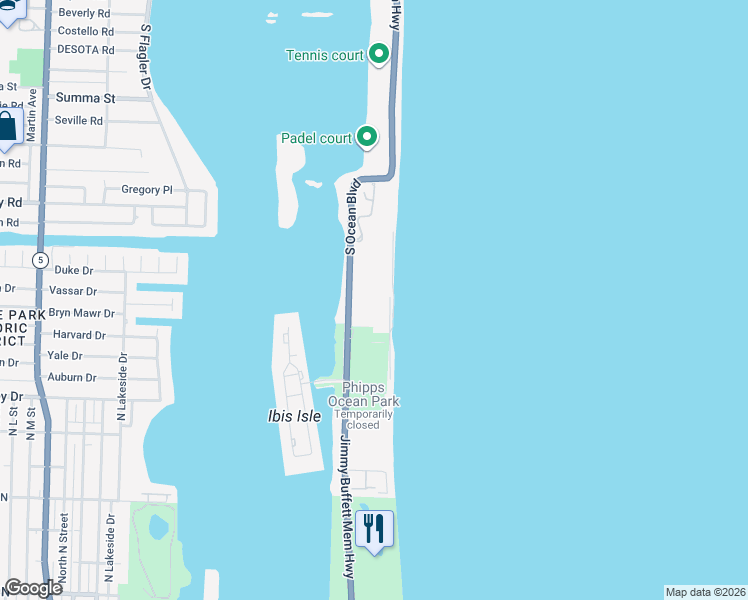 map of restaurants, bars, coffee shops, grocery stores, and more near 2100 South Ocean Boulevard in Palm Beach