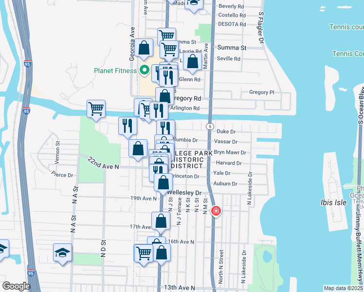 map of restaurants, bars, coffee shops, grocery stores, and more near 314 Columbia Drive in Lake Worth
