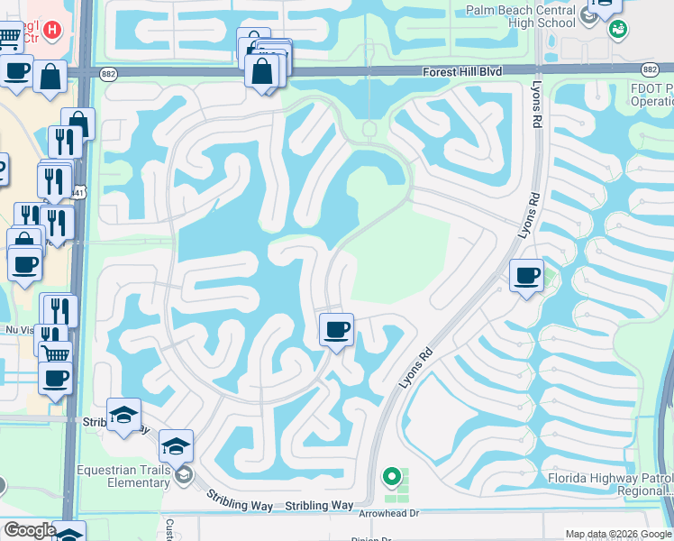 map of restaurants, bars, coffee shops, grocery stores, and more near 2603 Danforth Terrace in Wellington