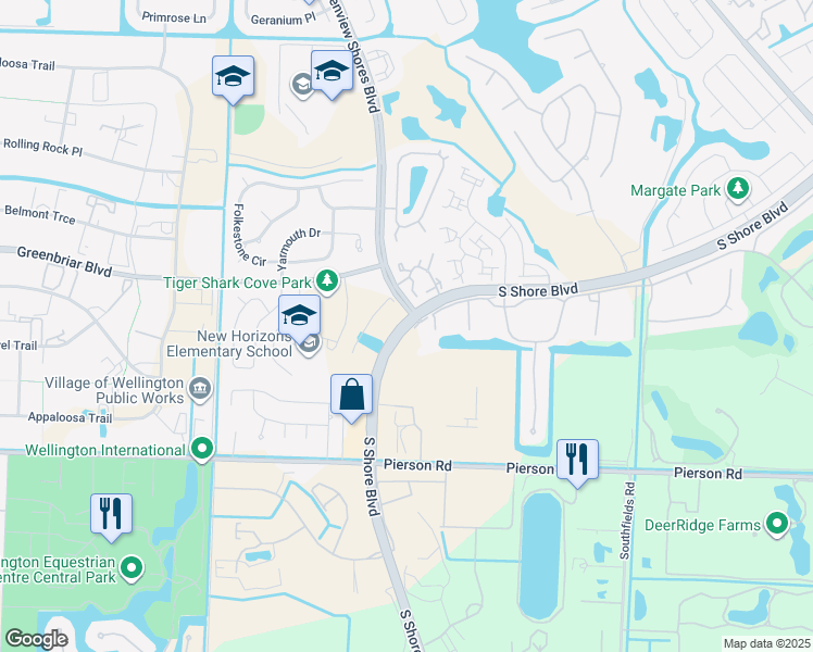 map of restaurants, bars, coffee shops, grocery stores, and more near 13200 South Shore Boulevard in Wellington
