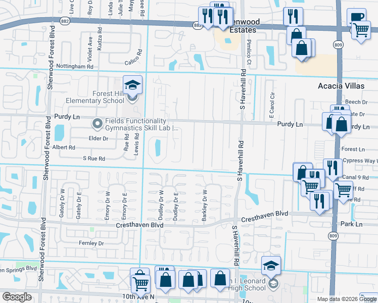 map of restaurants, bars, coffee shops, grocery stores, and more near 2377 Lena Lane in West Palm Beach