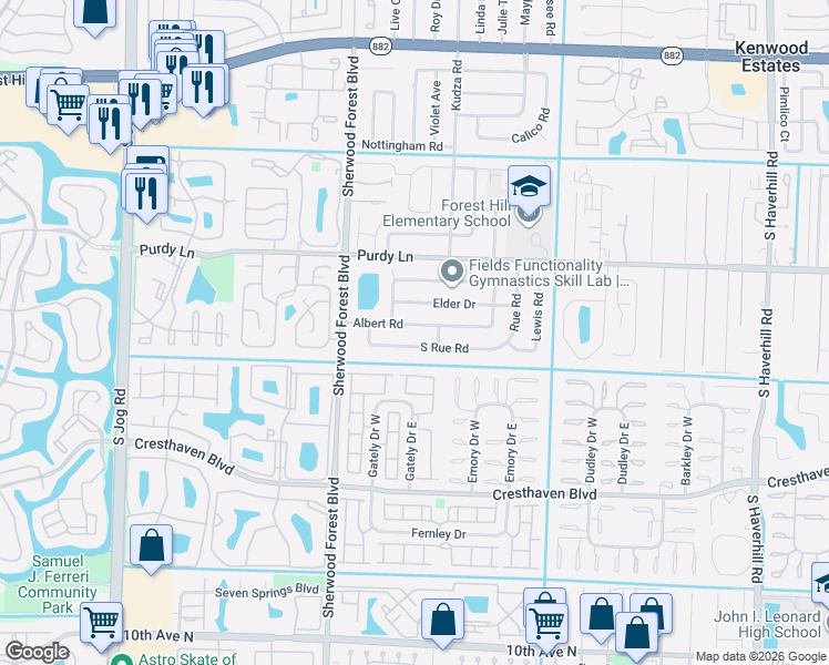 map of restaurants, bars, coffee shops, grocery stores, and more near 5841 Albert Road in West Palm Beach