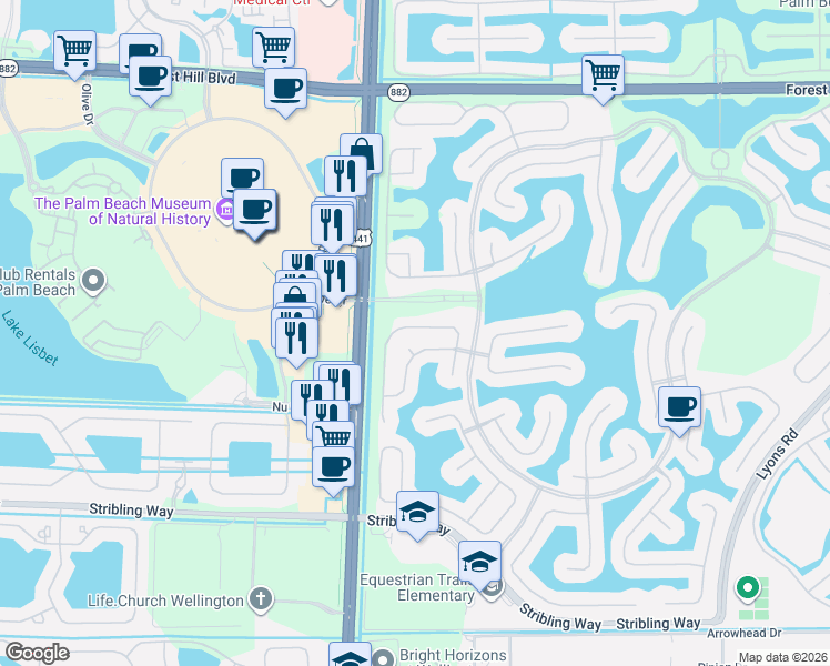 map of restaurants, bars, coffee shops, grocery stores, and more near 2559 Sawyer Terrace in Wellington