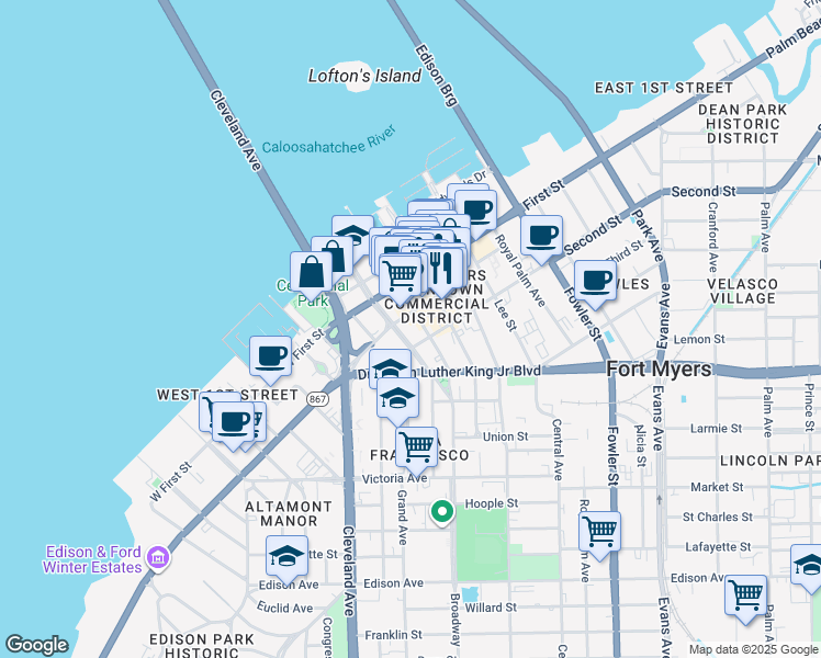 map of restaurants, bars, coffee shops, grocery stores, and more near 2120 Main Street in Fort Myers