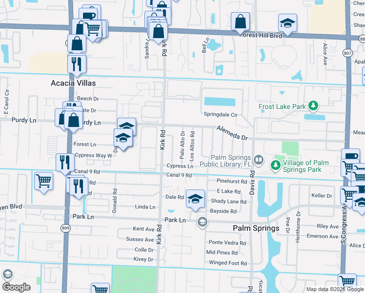 map of restaurants, bars, coffee shops, grocery stores, and more near 453 Palo Alto Drive in Palm Springs