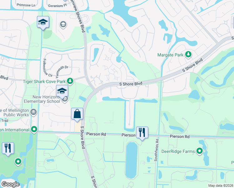 map of restaurants, bars, coffee shops, grocery stores, and more near 13358 South Shore Boulevard in Wellington
