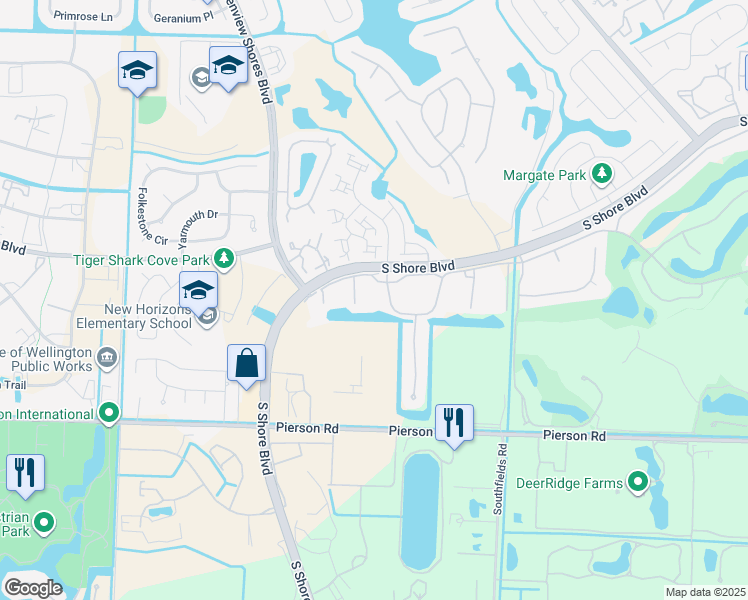map of restaurants, bars, coffee shops, grocery stores, and more near 13358 South Shore Boulevard in Wellington