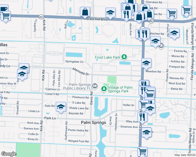 map of restaurants, bars, coffee shops, grocery stores, and more near 247 Cypress Lane in Palm Springs