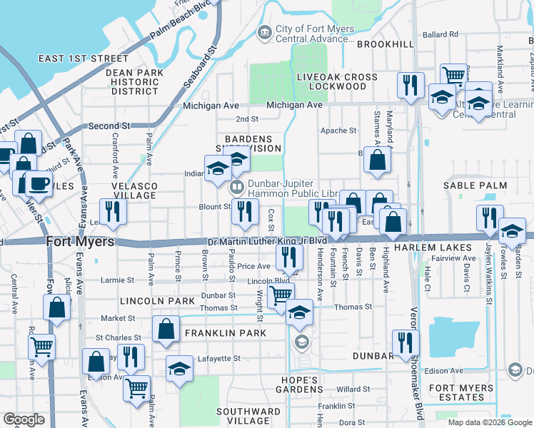 map of restaurants, bars, coffee shops, grocery stores, and more near 3145 Blount Street in Fort Myers
