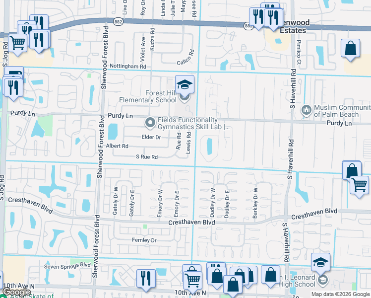 map of restaurants, bars, coffee shops, grocery stores, and more near 2379 Lewis Road in West Palm Beach