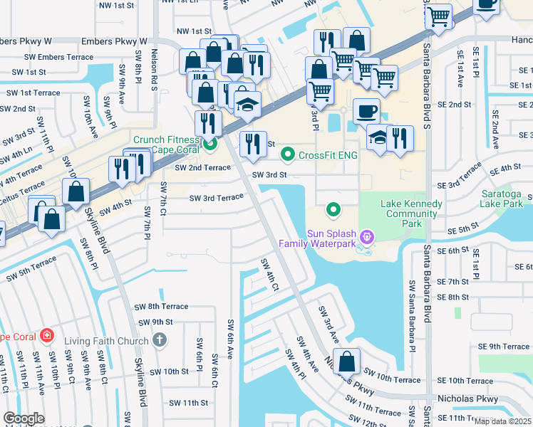 map of restaurants, bars, coffee shops, grocery stores, and more near 402 Southwest 3rd Court in Cape Coral