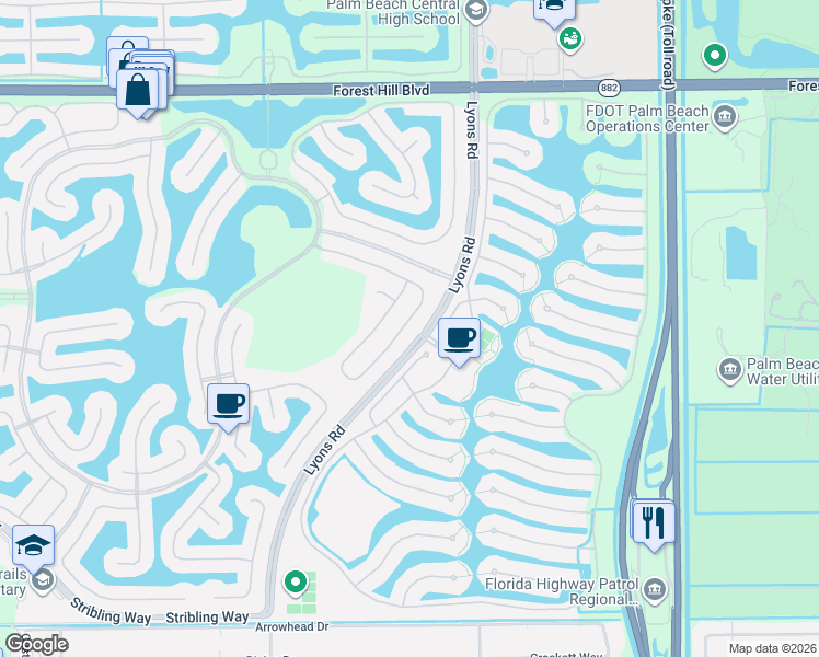 map of restaurants, bars, coffee shops, grocery stores, and more near 9151 Dupont Place in Wellington