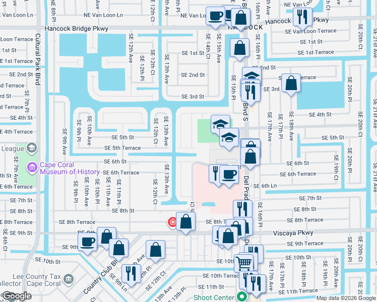 map of restaurants, bars, coffee shops, grocery stores, and more near 445 Southeast 13th Place in Cape Coral