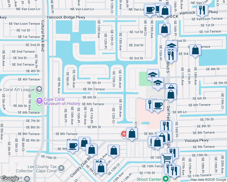 map of restaurants, bars, coffee shops, grocery stores, and more near 444 Southeast 13th Avenue in Cape Coral