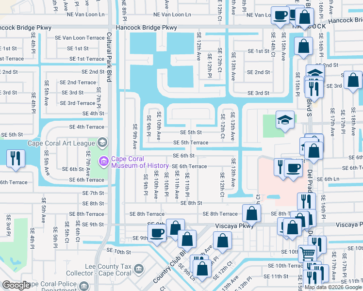 map of restaurants, bars, coffee shops, grocery stores, and more near 1032 Southeast 5th Terrace in Cape Coral