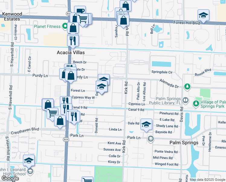 map of restaurants, bars, coffee shops, grocery stores, and more near 500 Village Green Circle West in Palm Springs