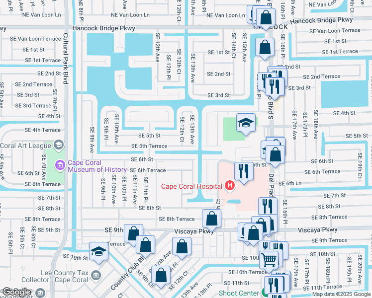 map of restaurants, bars, coffee shops, grocery stores, and more near 1226 Southeast 5th Terrace in Cape Coral
