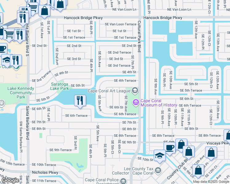 map of restaurants, bars, coffee shops, grocery stores, and more near 507 Southeast 6th Avenue in Cape Coral